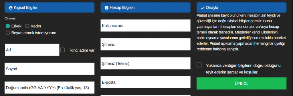 Piabet Üyelik Adım 2